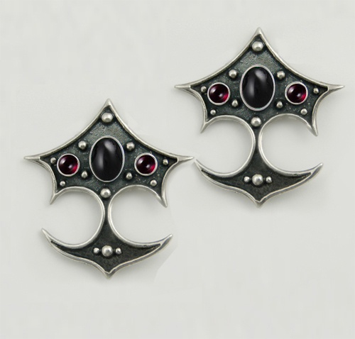 Sterling Silver Gothic Drop Dangle Earrings With Black Onyx And Garnet